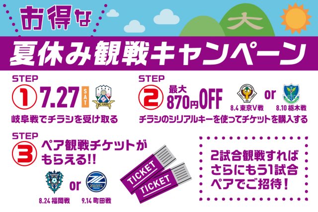 京都サンガf C Na Twitteru お得な 夏休み 観戦キャンペーン 7月27日 土 Fc岐阜戦に配布されるチラシから対象試合の観戦 チケットをお買い求めいただくと 福岡戦か町田戦のペアチケットをもれなくプレゼント 是非ご参加下さい Fc岐阜戦 T Co