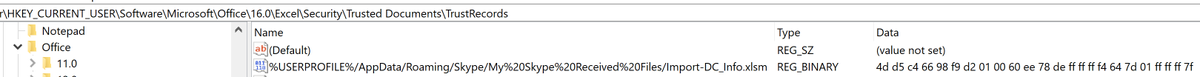 cglyer's tweet photo. Trying to find documents where user's have clicked "enabled macros" in MSFT Office?

Look at HKEY_USERS|HKCU\Software\Microsoft\Office\.*\Security\Trusted Documents\TrustRecords reg keys for values ending in FFFFFF7F

https://t.co/XmvGJkVreL

#DFIR #ThreatHunting https://t.co/mHoiN2nYzs