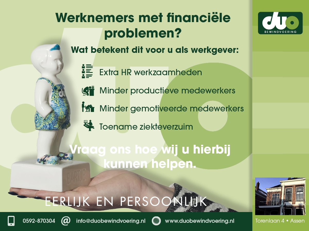 Vindt u het ook lastig om met uw werknemer in gesprek te komen over loonbeslag, verzuim of verminderde motivatie? Neem contact met ons op en wij proberen samen met u uw werknemer weer een positieve boost te geven. Vragen? Bel telefoonnummer 0592870304 of info@duobewindvoering.nl