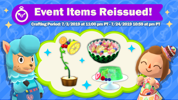 animalcrossing's tweet photo. What a sweet surprise! Items from Fruit Party with Katie and Gyroidite Scavenger Hunt: Jelly are available for Reissue Crafting until 7/24. I hope you saved some room for these decadent dessert items, campers. Dig in! https://t.co/SJQj181pJZ