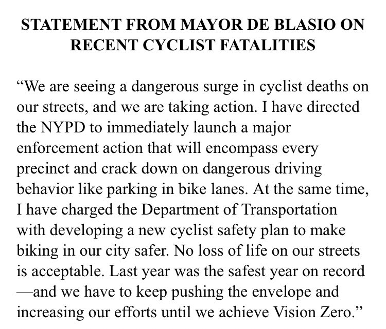 AnnaESanders's tweet photo. De Blasio in wake of recent cyclist deaths: “I have directed the NYPD to immediately launch a major enforcement action that will encompass every precinct and crack down on dangerous driving behavior like parking in bike lanes.” https://t.co/pbYSRbt6qC