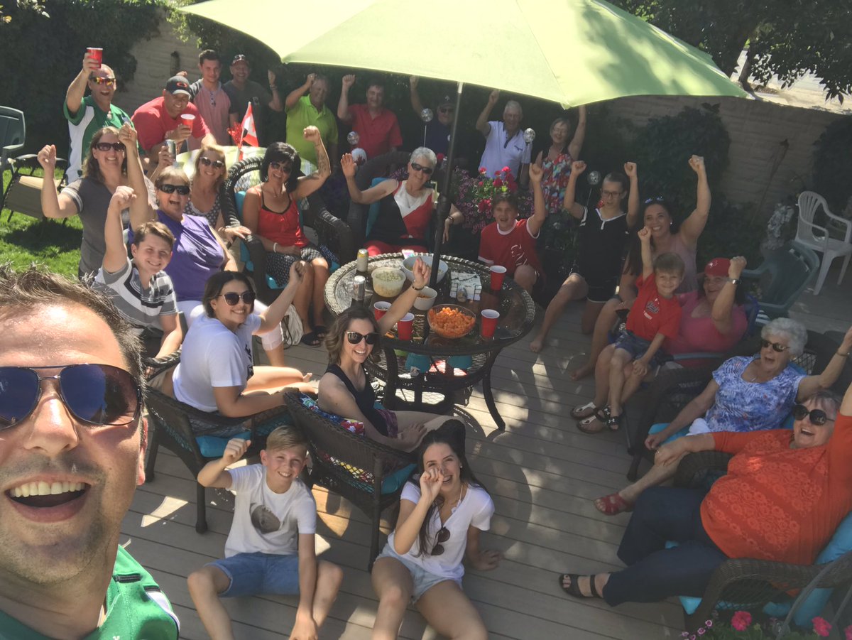 RKlewchuk's tweet photo. Go @sskroughriders ! 30ish family cheering for our team! #selfies #backyardhosting https://t.co/TOgdQetpZK