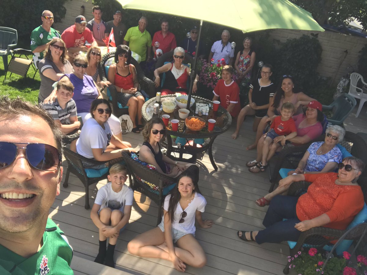 RKlewchuk's tweet photo. Go @sskroughriders ! 30ish family cheering for our team! #selfies #backyardhosting https://t.co/TOgdQetpZK