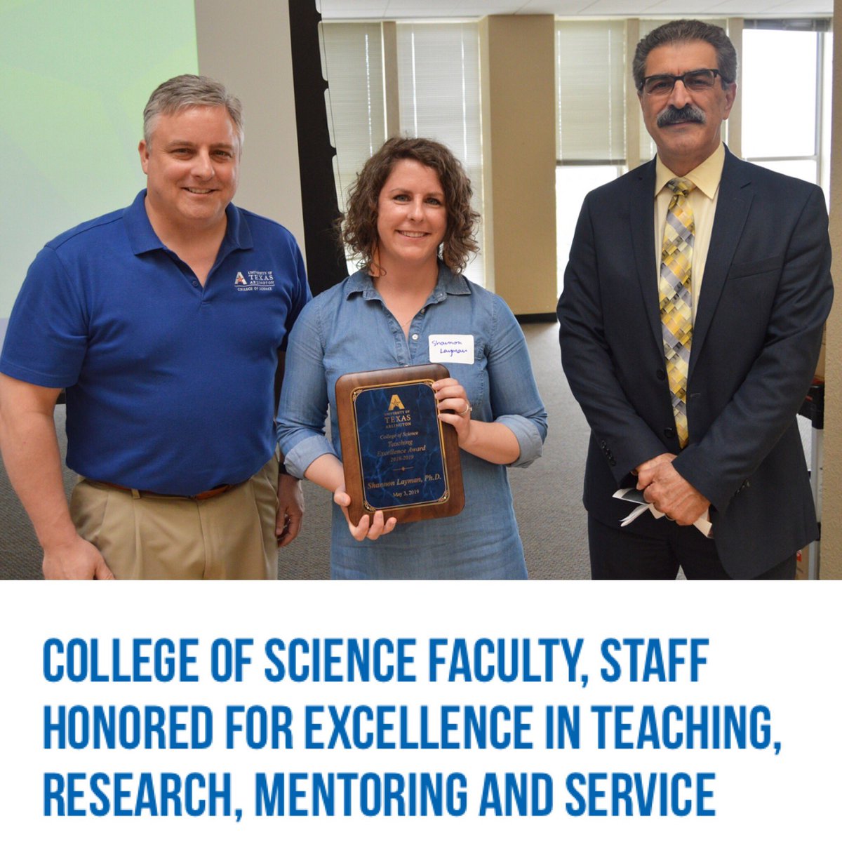 UTAPsych's tweet photo. Department of psychology faculty member Dr. Shannon Layman received the College of Science Award for Excellence in Teaching! Congratulations Dr. Layman, it is well-deserved! #uta #utapsych #psychology #teaching #awards #science #college #collegelife #university #universitylife https://t.co/dxMMKhWEct