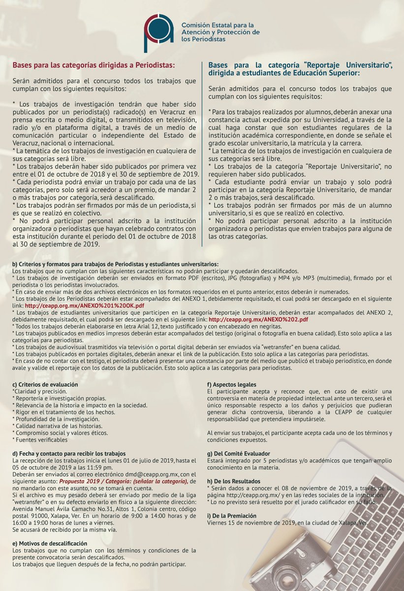 CEAPP_V's tweet photo. Convoca #CEAPP a profesionales del #periodismo y estudiantes inscritos en #universidades públicas o privadas del Estado de Veracruz a participar en el PREMIO PERIODISMO DE INVESTIGACIÓN CEAPP VERACRUZ 2019.

Consulta las bases en:
https://t.co/7KK0qOi2yp

#periodistas #Veracruz https://t.co/XXQeYKmfdy