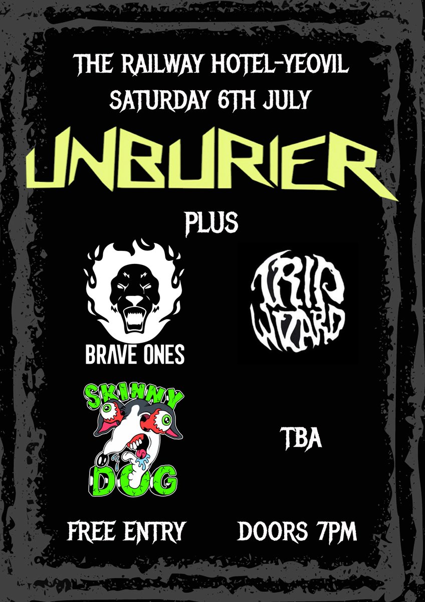 Braveonesband's tweet photo. This weekend! We're putting on a gig at the Railway in Yeovil. #braveones #band #gig #livemusic #hardrock #unburier #tripwizard #skinnydog https://t.co/0hW5K1jpps