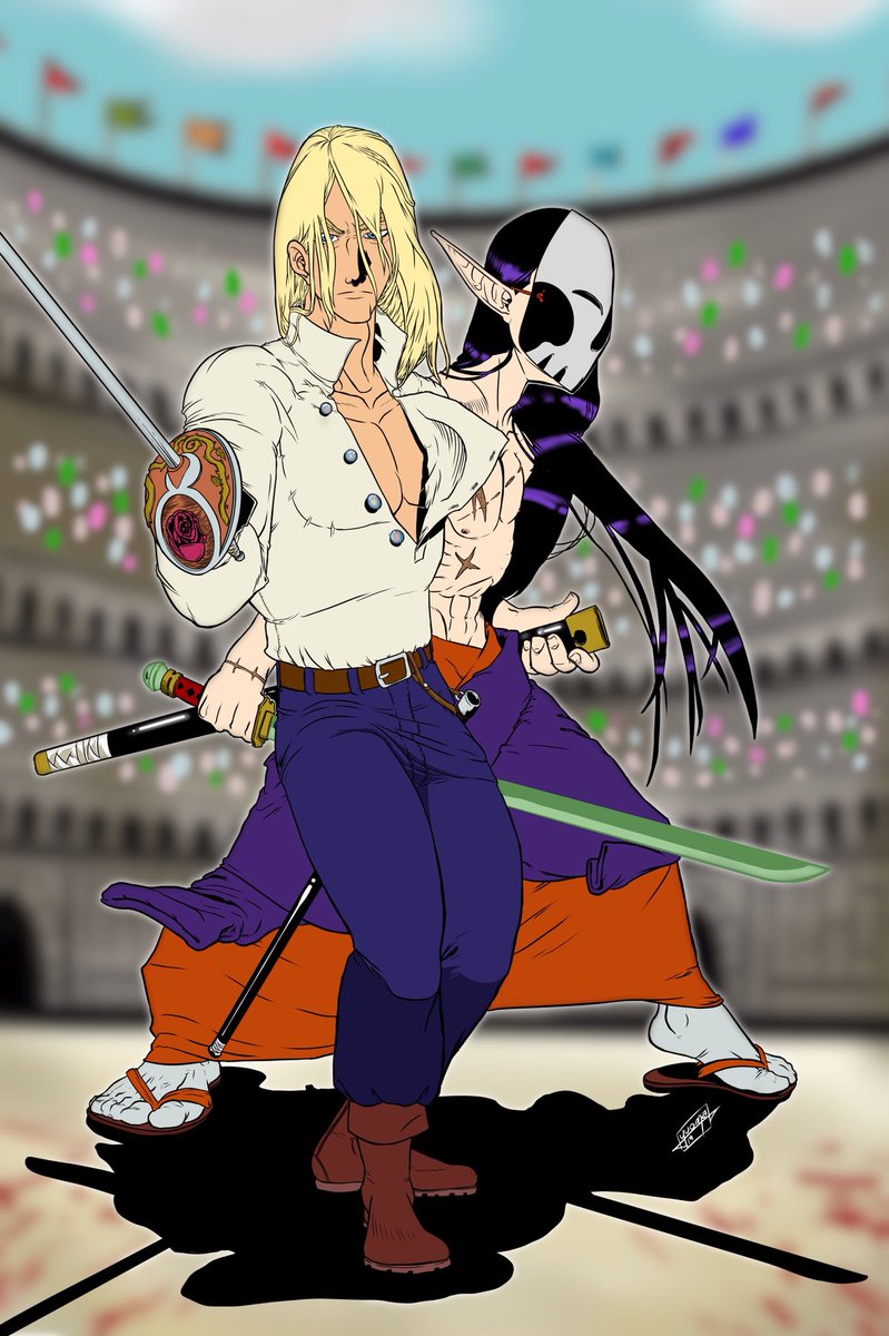 Yuoma's tweet photo. Flat colors for the cover, done. Now to shade and add title. 
#twelvedragons #drawing #procreate #digitalart #loiken #caoryn #pirate #elf #swordsmen #fencing #fencer #rapier #amputee #rose #rosetattoos #mask #masked #longstraighthair #longhair #blonde https://t.co/kIOREHjnjr