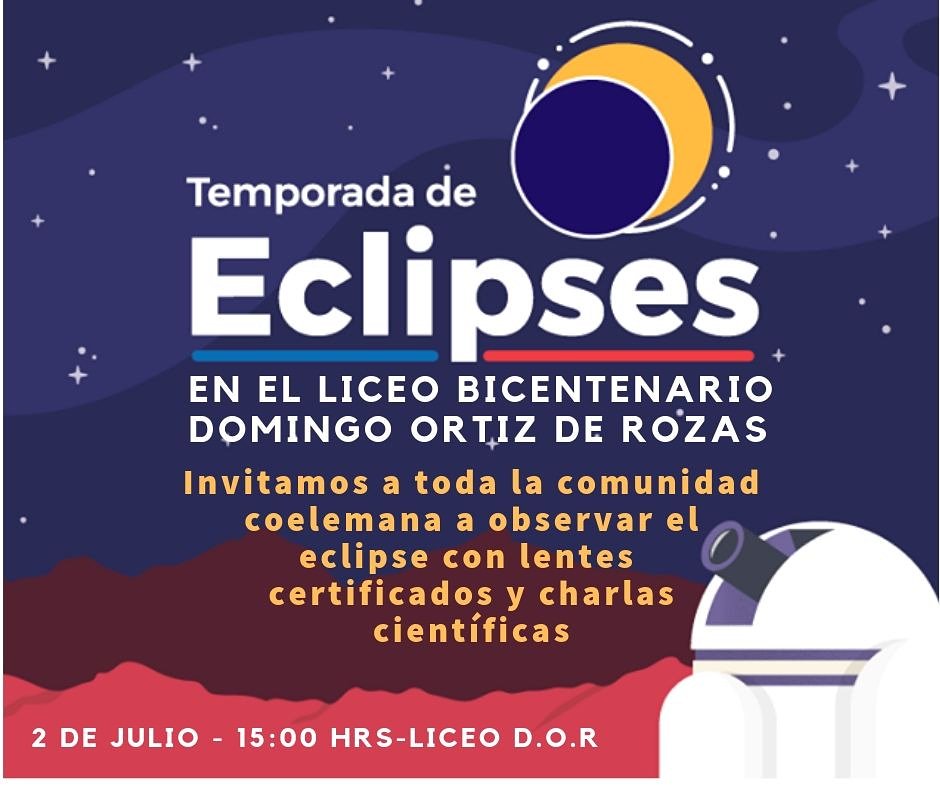 LiceoDOR's tweet photo. ✓[ Martes 2 de Julio ]
Invitamos a toda la comunidad Coelemana a observar el eclipse con lentes certificados y  de charlas científicas.

Lugar: Liceo Bicentenario de Excelencia Domingo Ortiz de Rozas. #coelemu
Hora: 15:00 horas https://t.co/hNhPxhx29t