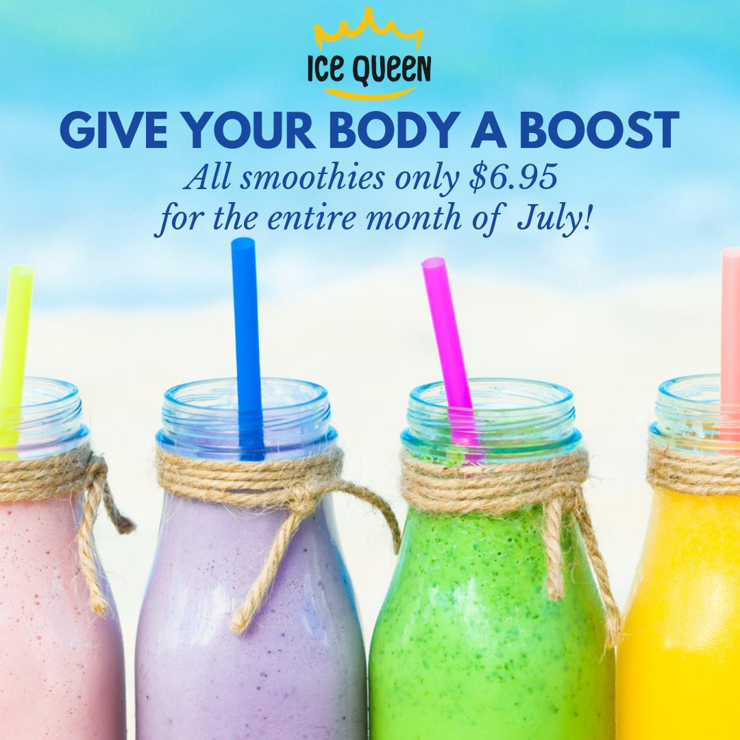 Icequeenbermuda's tweet photo. Summertime is Smoothie time! All #smoothies at Ice Queen are only $6.95 for the entire month of July! What are you waiting for? #icequeenbermuda #bermuda #healthyfood #delicious #refreshing #whatadeal https://t.co/ZzkVQ7RIP1
