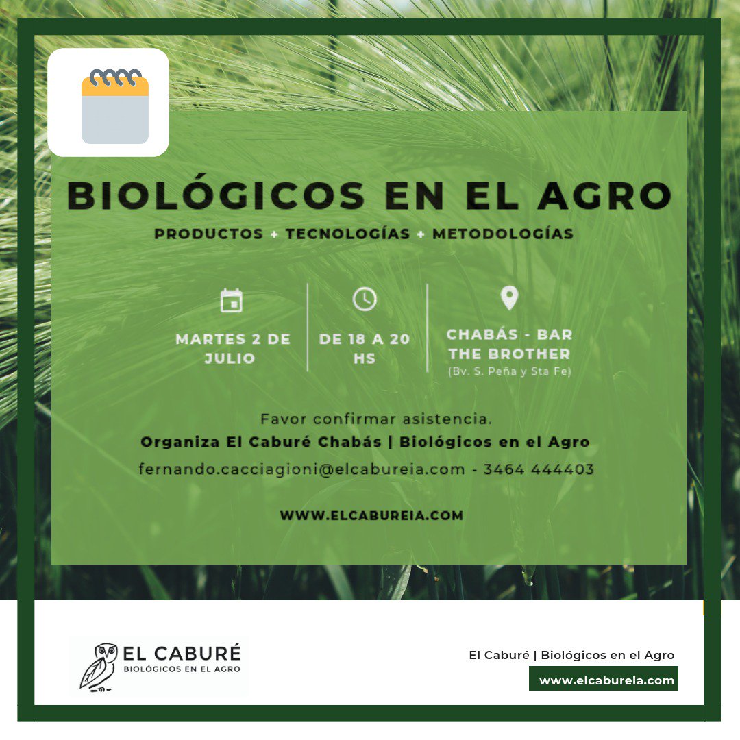 elcabureinsumos's tweet photo. 🌱| #AgendaBio Mañana martes a las 18hs en #Chabas los esperamos para hablar de #Bioinsumos en el #agro
#Agricultura #MejoraContinua #AgriculturaSustentable https://t.co/Kb7pkJ1vyj