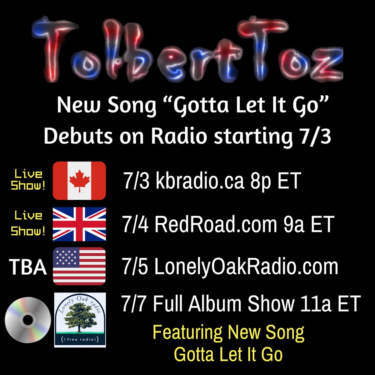 TolbertToz's tweet photo. #New @tolberttoz Song Debuts Wed.7/3
3 Days
3 Countries
🇨🇦🇬🇧🇺🇸
It’s a #TolbertToz #HatTrick
🏒🏒🏒🥅
👉 7/3 @KBRadio_Canada 8pm ET
👉 7/4 @RedroadFM w/#MarkPhilips 9am ET
👉 7/5 @LonelyOakRadio TBA
#Bonus
👉 7/7 On Lonelyoakradio @tolberttoz Full Album Show
at 11am ET
🌏☮️ https://t.co/2Q1SuykDog