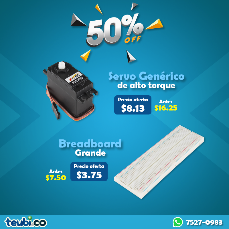 teubico's tweet photo. ¿Necesitas mover algo de forma precisa? Podría pensar que necesitas uno de nuestros motores servo de tramaño regular. Y si te quedas sin espacio suficiente para tu prototipo también tenemos breadboard de tamaño regular. https://t.co/bnonWOmY47