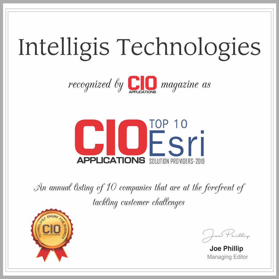 intelligisgroup's tweet image. Hemos recibido el premio “Top 10 Esri Service Providers 2019”, que otorga la Revista #CIOApplications @CIOApplications 
#IntelligisTechnologies mejora eficientemente la manera en que las empresas recopilan y analizan la información con el poder de los sistemas de información #GIS