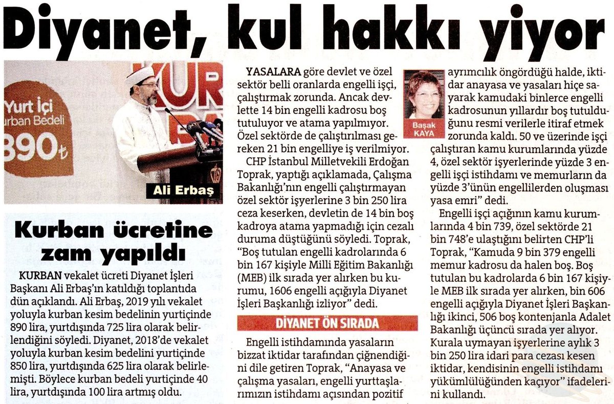 Kamuda 9 bin 379 engelli memur kadrosu halen boş. Boş tutulan engelli kadrolarında 6 bin 167 kişiyle Milli Eğitim Bakanlığı ilk sırada yer alıyor. Bu kurumu, 1606 engelli açığıyla Diyanet İşleri Başkanlığı izliyor! <a href="/gazetesozcu/">Sözcü</a>