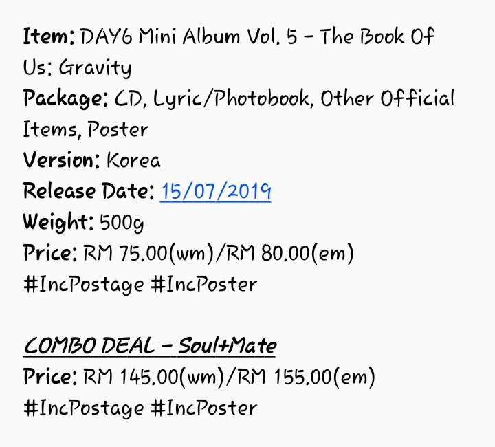 KGroupOrderMY's tweet photo. [MY GO]

#DAY6 5th Mini Album - The Book Of Us: Gravity
Price: RM 75.00 (wm)/RM 80.00 (em)
#IncPostage #IncPoster

COMBO DEAL - Soul+Mate
Price: RM 145.00(wm)/RM 155.00(em)
#IncPostage #IncPoster

To order: https://t.co/aM1Hemp8ew https://t.co/nOr2l4XJlx