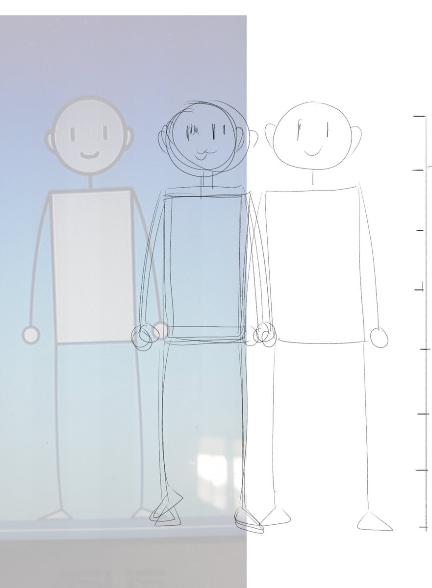 Going back to basic to master the core anatomy. Shoulder width, bottom's length, etc. Turns out I managed to replicate 4 same size stick figure. This is the 7'th interval of character's length. Brb gonna make the other ones 