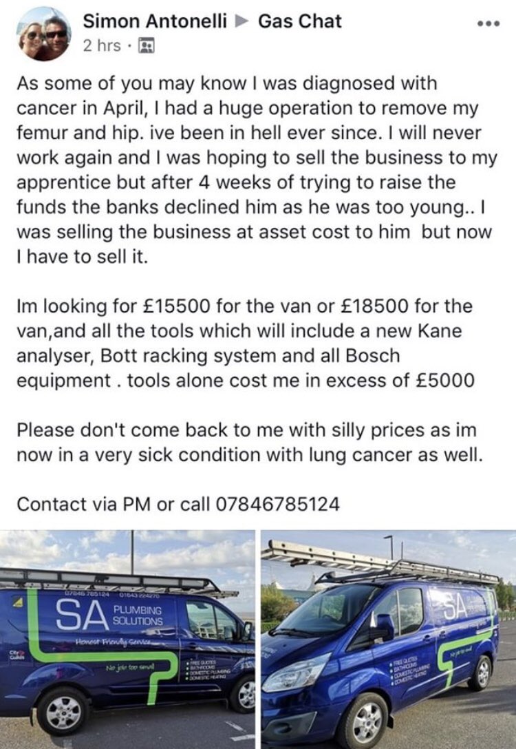 After hearing Simon’s heartbreaking story the plumbing community have banded together and a page has been set up to raise funds to help Simon when he needs it most.
If you would like to donate click the link 👉🏽 gofundme.com/f/20kforSimon
Please RT 🙏🏽 #20kForSimon