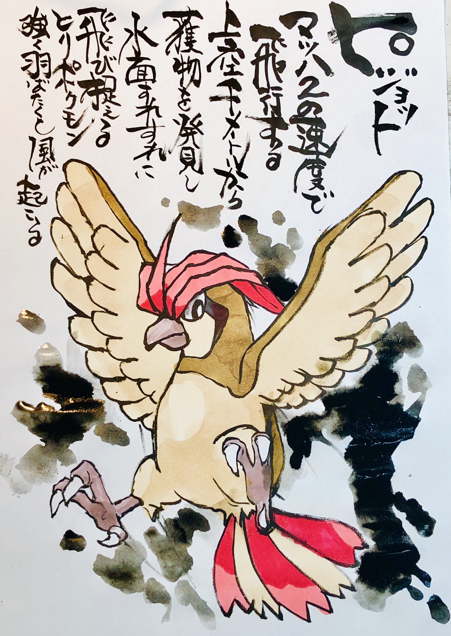 Aki Shimamoto ポケモン絵師休憩中エネルギーアートクリエーター 筆ペンでポケモンを描く ピジョット マッハ２の速度で飛行する 上空千メートルから獲物を発見し水面すれすれに飛び 捉えるとりポケモン 強く羽ばたくと風が起こる ポケモン ピカブイ