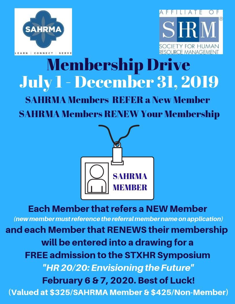 SHRM_SanAntonio's tweet photo. Let's build our community #SAHRMA! Members make sure to refer your HR Business Partners. Enter to win a free admission to our #STXHR Symposium! #Celebrating60 #LearnConnectServe https://t.co/EVMhYVSyga