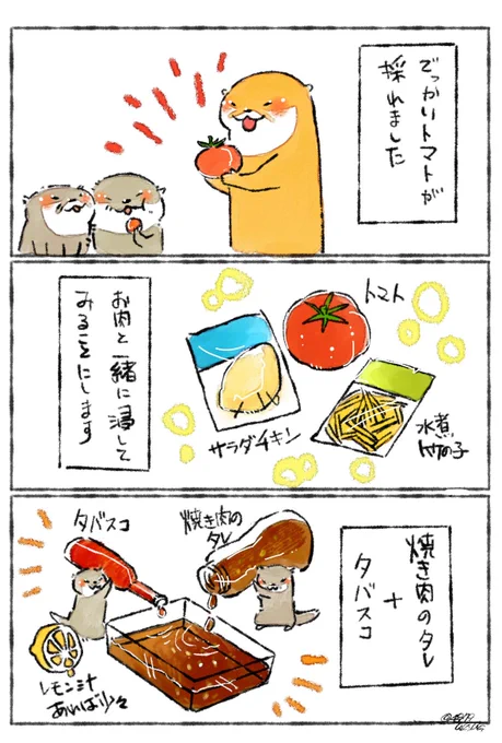 トマトとサラダチキン、冷蔵庫にあった竹の子の水煮を、2種類のタレに漬けて冷やし、ご飯にしました✨

大葉とご飯に乗っけても良し。ラーメンなどの麺類の具にしても良し。レタスがあったのでマヨネーズつけて巻いて食べたりしました(*´༥`… 