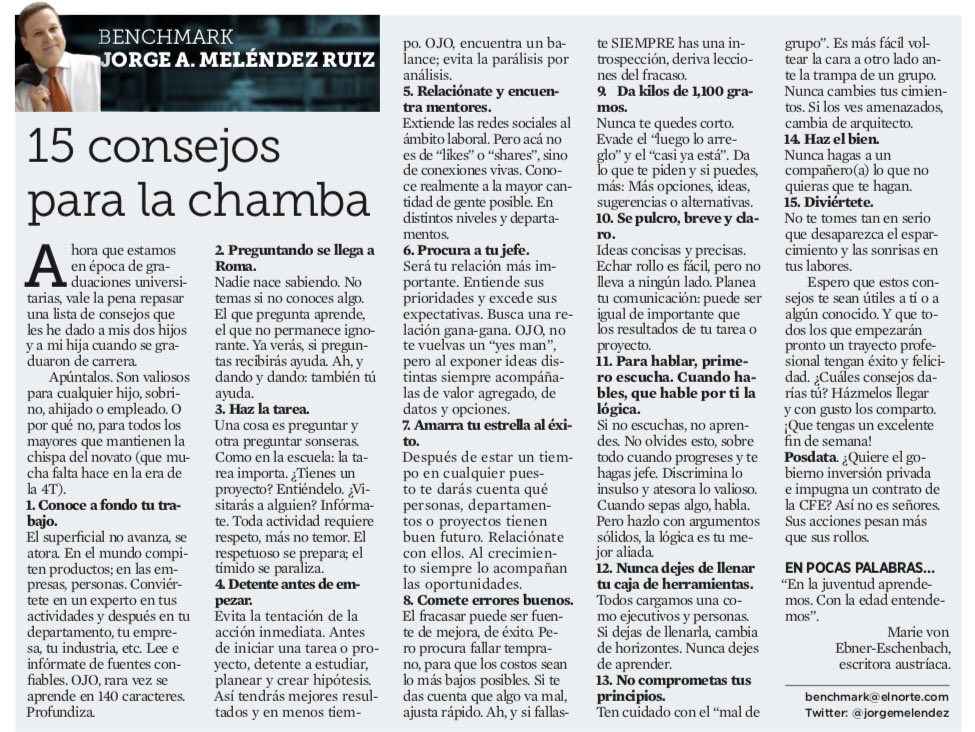 jorgemelendez's tweet photo. #benchmark 15 consejos para la chamba. Espero que estos consejos te sean útiles a tí o a algún conocido. Y que todos los que empezarán pronto un trayecto profesional tengan éxito y felicidad. https://t.co/R1WXlqtMjd