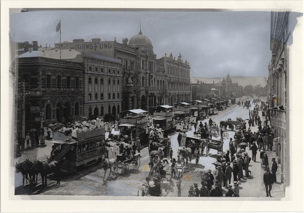 We love this hand tinted image of a busy #Adelaide street in the early 1900s, can you guess which street this is? #triviatuesday