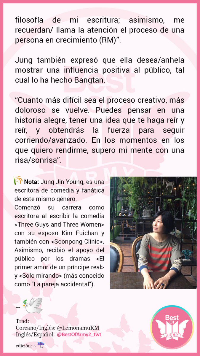 BestOfArmy2_twt's tweet photo. • NOTICIA | 📰

#RM fue mencionado como fuente de inspiración para la escritora coreana Jung Jin Young.

La escritora de dramas dijo que le gusta @BTS_twt ya que son su motivación y más.🐨👏

Trad. completa en imágenes👇
📎Link del artículo: (https://t.co/gKMrhpOBWR)

~🕊 /~☔ https://t.co/ENE2KvYXRr
