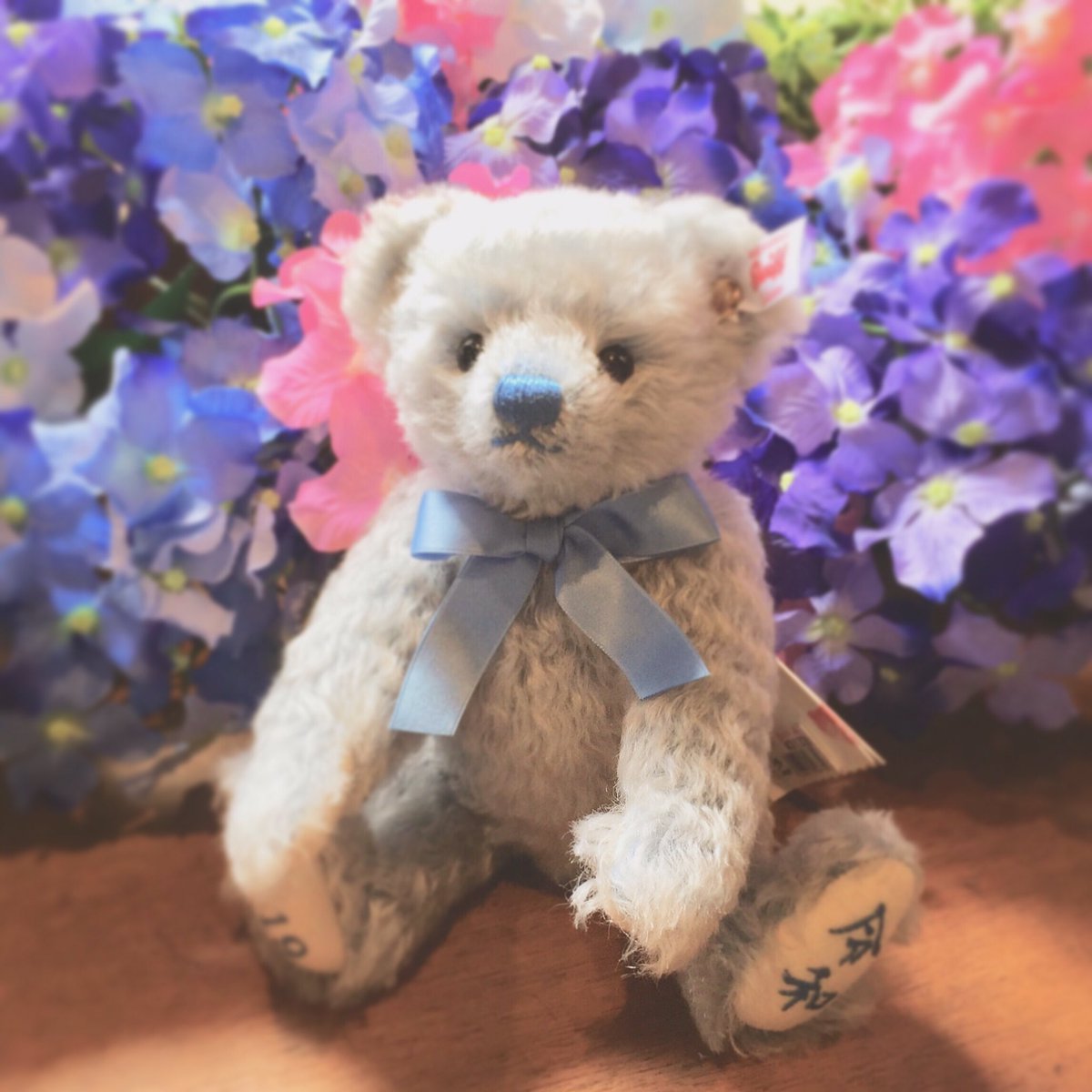 はこだて明治館 公式 優しい表情に優しいブルーの日本限定のテディベア 右足には19 左足には令和の刺繍が入っていますよʕ ᴥ ʔ テディベアエラ シュタイフ社 シュタイフ テディベア ぬい撮り ぬいどり はこだて明治館 函館明治館 函館