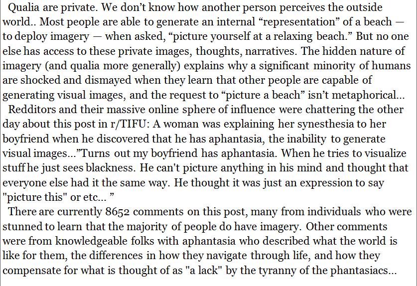 Individuals with aphantasia, the inability to form mental images, are shocked and dismayed when they get their head around the fact that they are lacking a faculty that others have. neurocritic.blogspot.com/2019/06/the-sh…