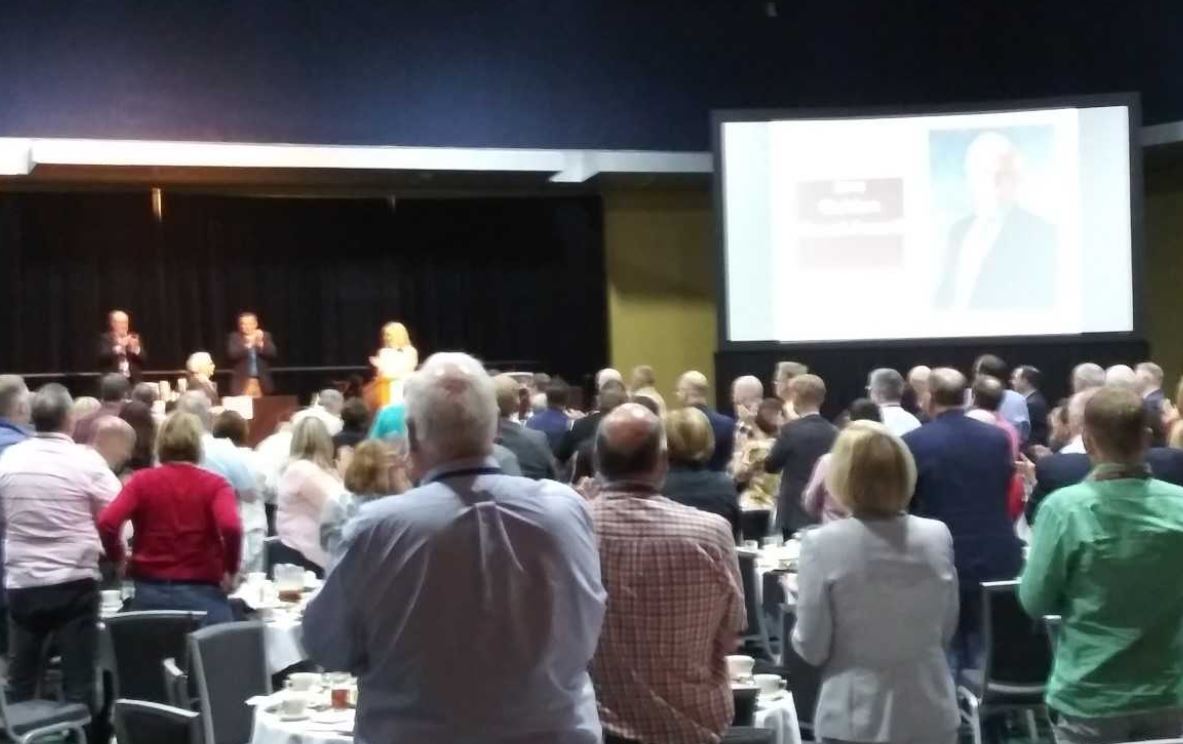 suptfinch's tweet image. Standing ovation at #WASAAWSP19 for beloved educator, Dr. Gene Sharrett, as he accepted the Golden Gavel Award for Outstanding Contribution to Public Education.  @WASA_Oly 

&quot;If you want to go fast, go alone.  If you want to go far, build a team.&quot; ⭐️