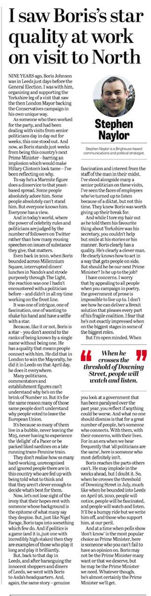 I’ve written for today’s <a href="/yorkshirepost/">The Yorkshire Post</a> about my day in Leeds with Boris nine years ago - and the insight it gives into the man who’ll probably (despite everything - and like it or not) be PM in a month’s time #buyapaper