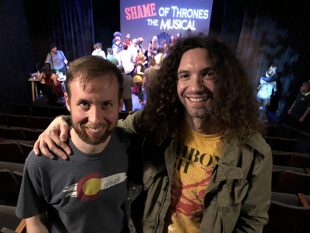 GOTtheMusical's tweet photo. @GameGrumps @ninjasexparty - thank you so much to Danny Sexbang for coming to see our show #ShameOfThrones! We were thrilled to have you in our audience, even though I look like an evil villain in this picture of us. https://t.co/WpTYcX08Yw