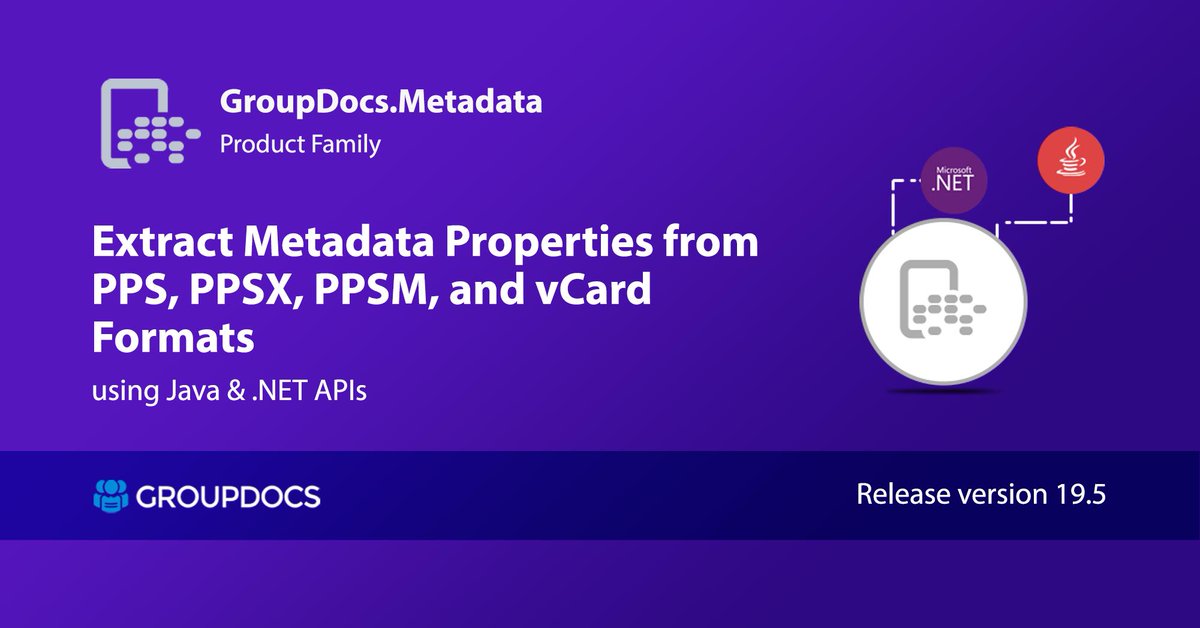 Extract #metadata properties from #PPS, #PPSX, #PPSM, and #vCard formats using v19.5. Read more: bit.ly/2RRQu2r

#DocumentProperties #DocumentMetadata #MetadataExtraction #API #dotnet  #Java #programming