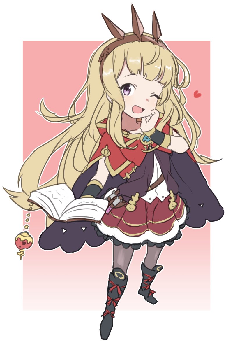 cagliostro (granblue fantasy) 1girl one eye closed long hair blonde hair solo book purple eyes  illustration images