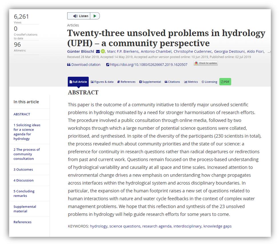 Twenty-three unsolved problems in hydrology (UPH) – a community perspective by Günter Blöschl et al. – final version now free-to-view online at HSJ: tandfonline.com/doi/full/10.10…  #hydrology #iahs #hsj #23UPH