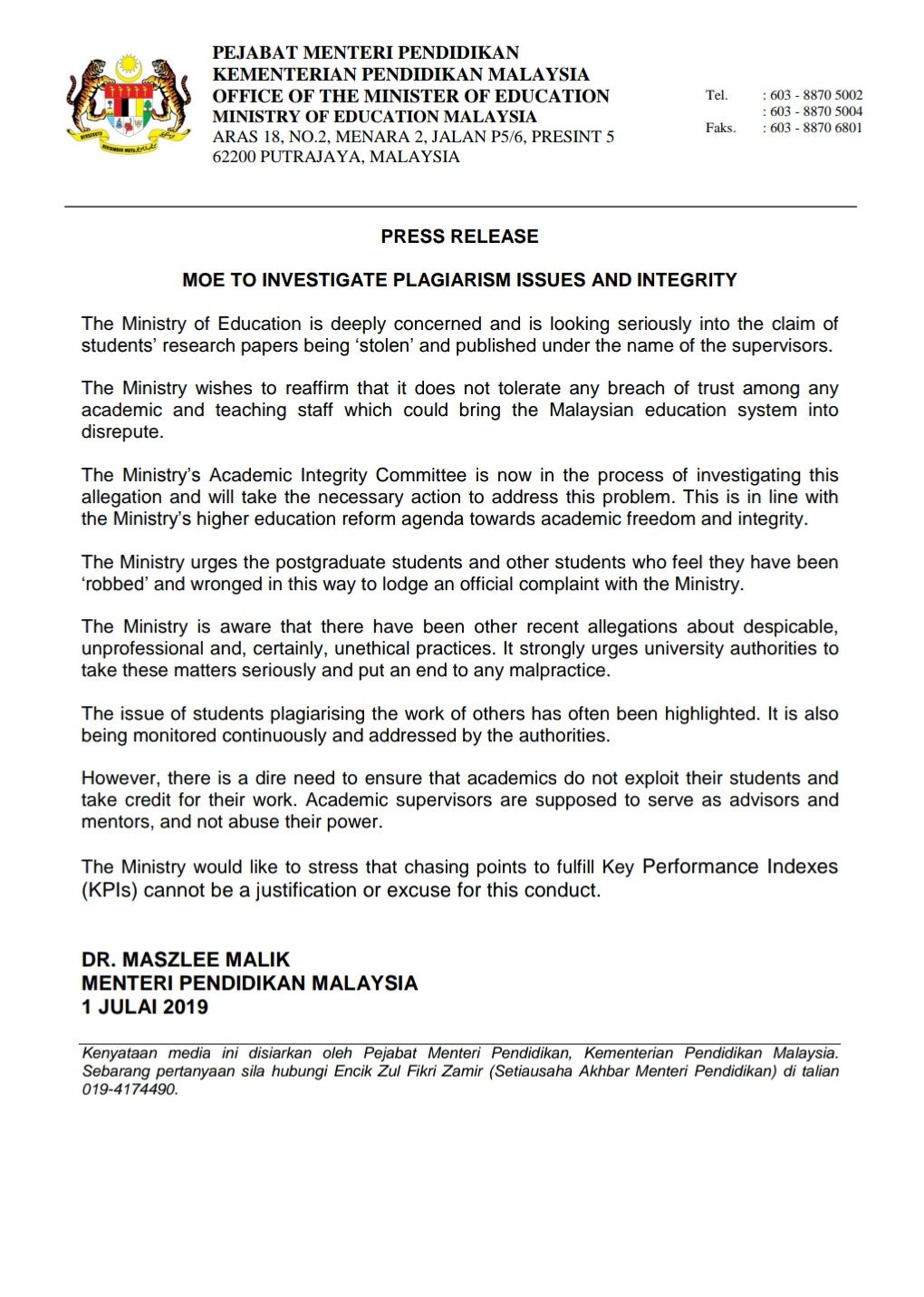 Maszlee Malik On Twitter The Ministry S Academic Integrity Committee Is Now In The Process Of Investigating This Allegation And Will Take The Necessary Action To Address This Problem This Is In