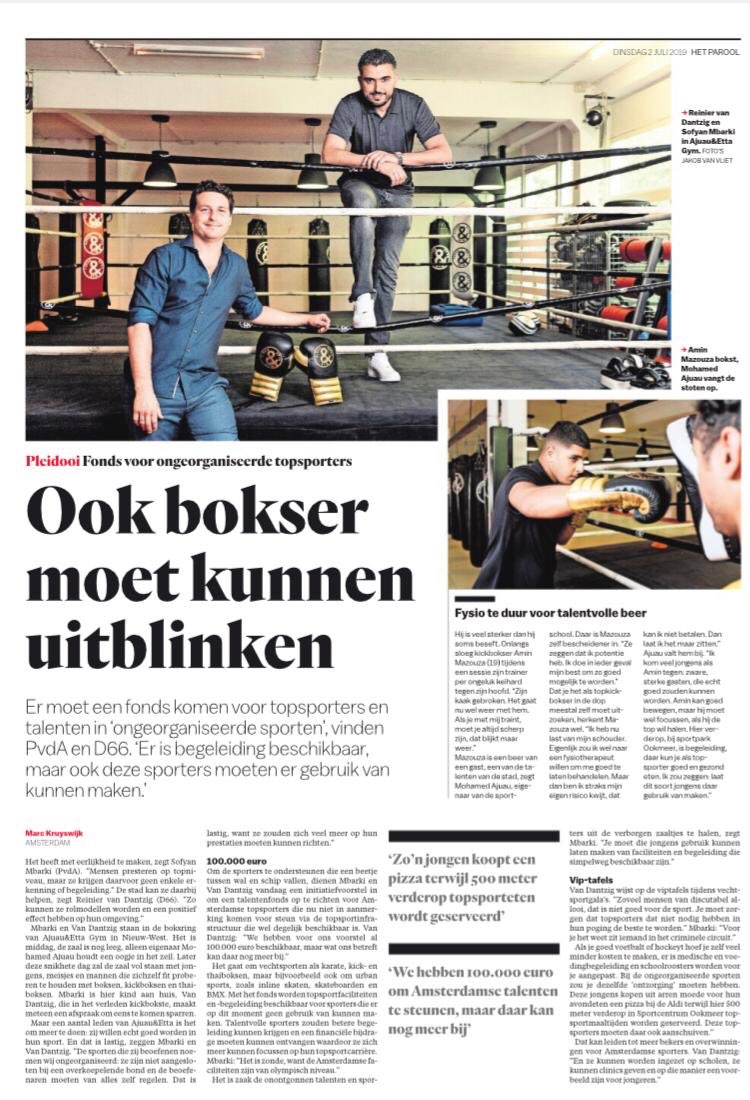 Vandaag in het Parool presenteren @sofyan_mbarki en ik ons plan voor een talentenfonds om “ongeorganiseerde sporters” zoals kickboksers te helpen in hun ambitie de top te bereiken. 🥊