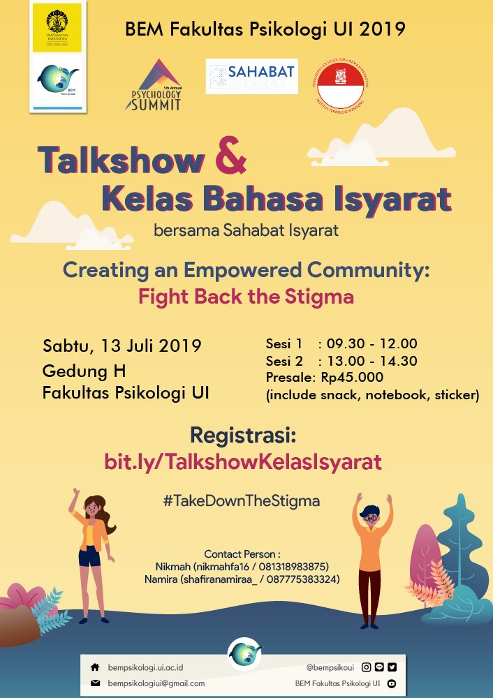 PsySummit's tweet photo. [Kelas Bahasa Isyarat]

Psychology Summit bersama PSIK ITB akan mengadakan Sahabat Isyarat: Talkshow dan Kelas Bahasa Isyarat yang bisa membantumu untuk belajar dan mengembangkan skill berbahasa isyarat, loh!

#5thAnnualPsychologySummit https://t.co/lZYngHwClM