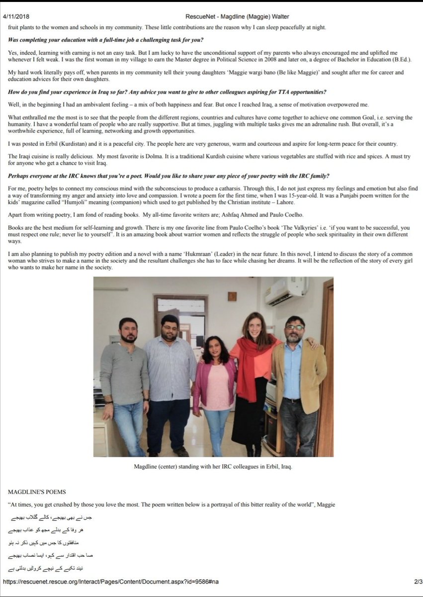 MaggiWalter's tweet photo. Throwback. In 2018 #IRC had covered my interview for #rescueNet and gave me place in staffspotlight section for consecutive 2 quarters in local(Pakistan) and regional level newsletters. I'm Proud to Being Humanitarian! https://t.co/f4qr0EJjEF