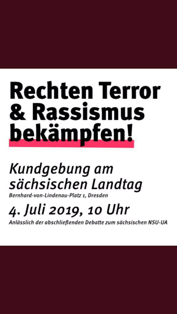 Donnerstag (#dd0407) findet ab 10:00 in #Dresden vor dem Landtag eine Kundgebung zur abschließenden Sitzung des NSU-Untersuchungsauschuß statt.
Wichtiger Anlass: 

#KeinVergessen #NSUKomplex #Verfassungsschutzauflösen