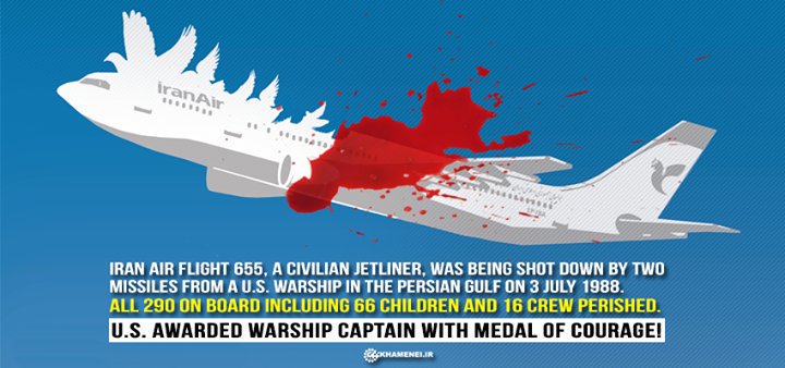 IRAN_in_NL's tweet photo. July3,1988, #CENTCOM USS Vincennes shot down IranAir #Flight655 carrying 290 civilians over #PersianGulf. Having shot down intruding US #GlobalHawk Unmanned surveillance drone over Iranian waters, Iran's #IRGC forces avoided targeting 38-manned spying plane. Who is #terrorist? https://t.co/kJoEHYVy1V