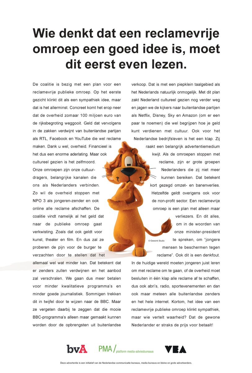 sterreclame's tweet photo. Vandaag in het AD: een pleidooi van de brancheverenigingen voor adverteerders, mediabureaus en communicatie adviesbureaus tegen een (deels) reclamevrije omroep. https://t.co/ZaeFh4WVbf https://t.co/rT2AJtlMUX