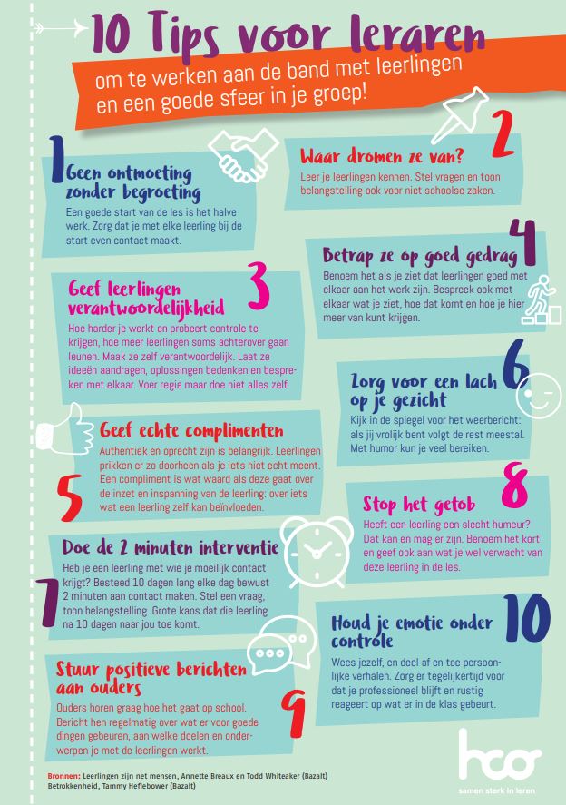Goed van start in het nieuwe #schooljaar! Download de poster 10 Tips voor #leraren om te werken aan de band met #leerlingen
en een goede sfeer in je #groep! Poster: bit.ly/2LtXUb7
