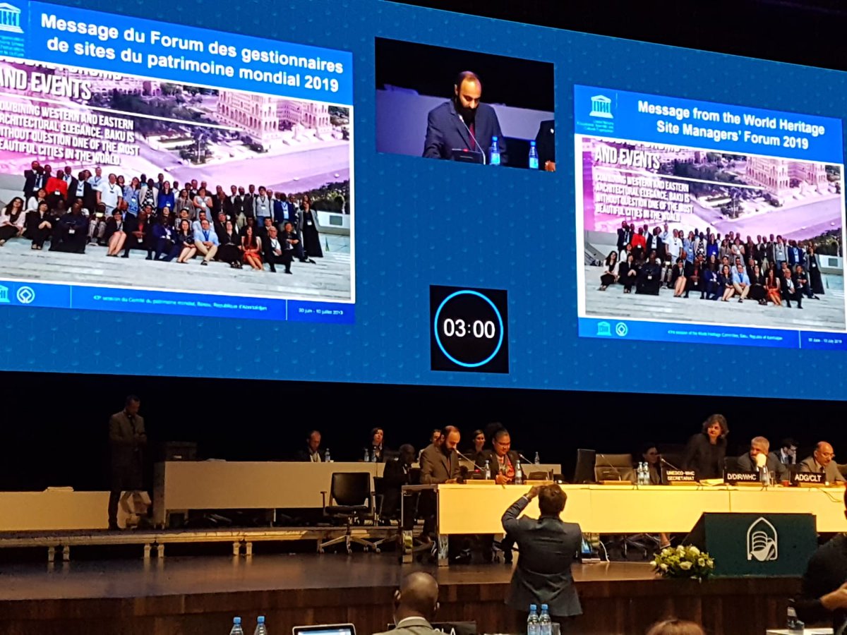 Whc43B's tweet photo. @WHSiteManagers Forum presented the final statement to the members of the #WorldHeritage Commitee. Site managers call for more cooperation and resources in establishing capacity building activities and better communication!
#Baku #Azerbaijan 🇦🇿
#whc43 #whc43com #whsmf https://t.co/8lrut0Lluj