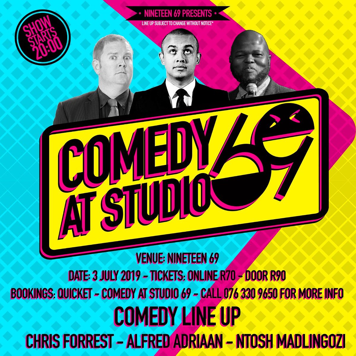 Laugh away the cold with <a href="/ChrisForrestSA/">Chris Forrest</a>, <a href="/alfredadriaan/">Alfred Adriaan</a> and @Ntosh_Madlingoz tomorrow night at Nineteen69, it's guaranteed to be 🔥🔥🔥🔥🔥
quicket.co.za/events/77638-c…