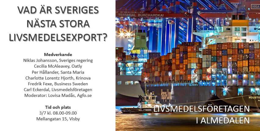 Är du i #almedalen och intresserad av #livsmedel? Imorgon kl 08.00 inleder vi vår dag med "Vad är Sveriges nästa stora livsmedelsexport?", ett superspännande seminarium om hur vi kan dubbla den svenska livsmedelsexporten från 50 till 100 miljarder kr. Begränsat med platser!