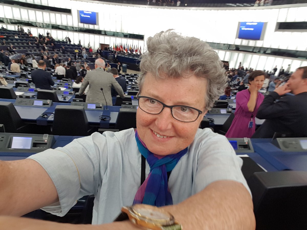 catherinerowett's tweet photo. Here I am with my voting card and my designated seat in the hémicycle. MEPs everywhere discovering how it all works. I managed (I hope) to photobomb the media desperately filming Farage walking *out* of the building at 0935. Why??? Such posers! https://t.co/s7bDIfFvGK
