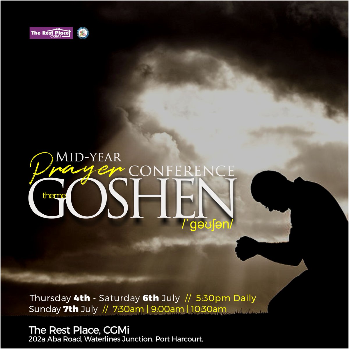 RestPlaceChurch's tweet photo. Welcome to the 2nd half of 2019!!!
Be part of our Mid-year Prayer Conference
Theme: GOSHEN
Thursday 4th to Saturday 6th July // 5:30pm
Sunday 7th July // 7:30am | 9:00am | 10:30am
#therestplacecgmi #TRPPrays #Goshen https://t.co/5UZRlXndIi