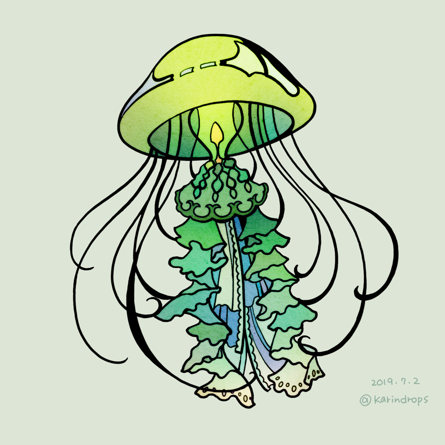 花凛 友人に この前のクラゲは違う 蝶みたいな感じで描いて と言われたのでいつものステンドグラス風のクラゲを こんな感じなら毎日描けそう ラテンクラゲ 踊るのが好きらしい イラスト T Co 4mgt3wlhih Twitter