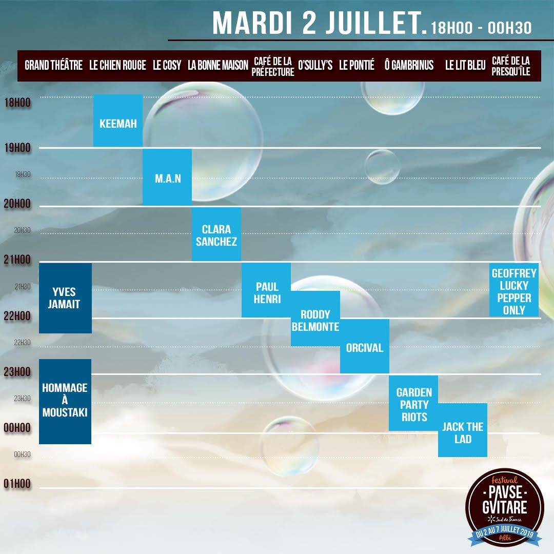 📢 ET HOOOP ! C'est le Jour J ! 😎🤟

Début des festivités à 18h avec le #Festival Off ! 🎶✨
Au menu :

👉 "De Bars en Bars" à partir de 18h : 9 concerts gratuits dans 9 lieux différents au cœur d'#Albi.
👉 À partir de 21h au Grand Théâtre : <a href="/Yves_Jamait/">Yves Jamait</a> et Hommage à Moustaki